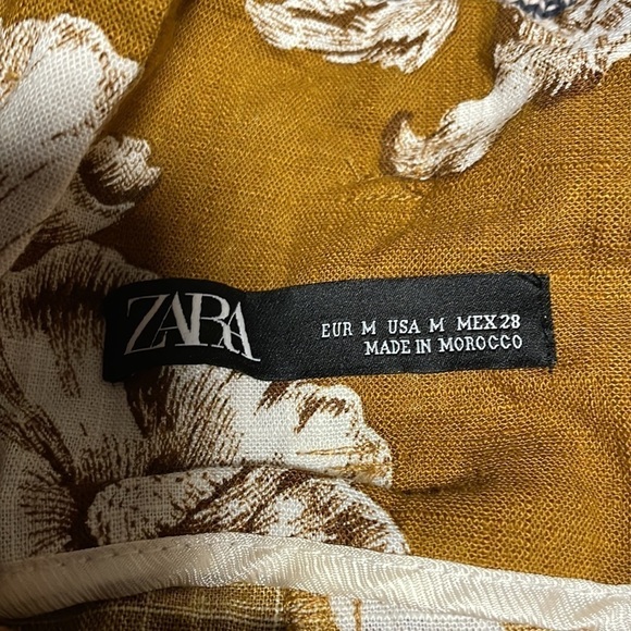ZARA Paper Bag Waist Floral Pants Medium Tie Mustard Yellow Linen Straight - Picture 12 of 14